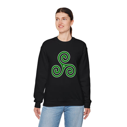 Celtic Triskelion spiral knotwork design on a black sweatshirt.