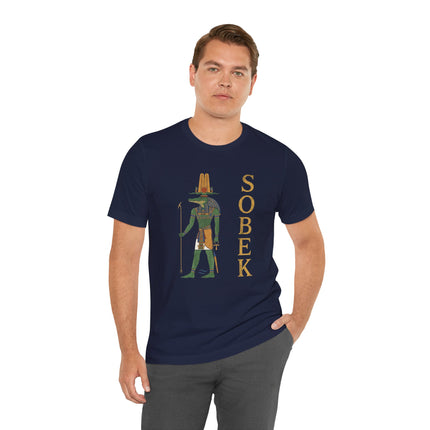 Sobek Egyptian crocodile god mythology t-shirt featuring gold print.