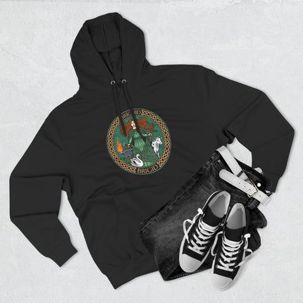 Brigid Celtic Goddess graphic on a black hoodie, featuring Irish mythology art.