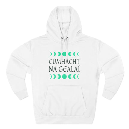 Irish Gaelic moon phases hoodie with "Cumhacht na Gealáí" celestial design.