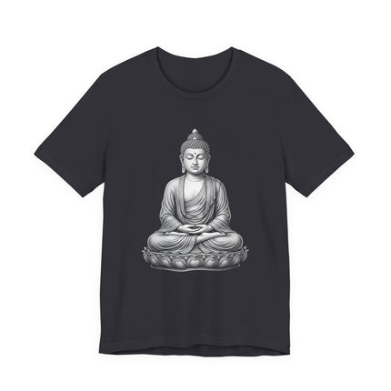 Peaceful meditating Buddha graphic on a lotus flower t-shirt.