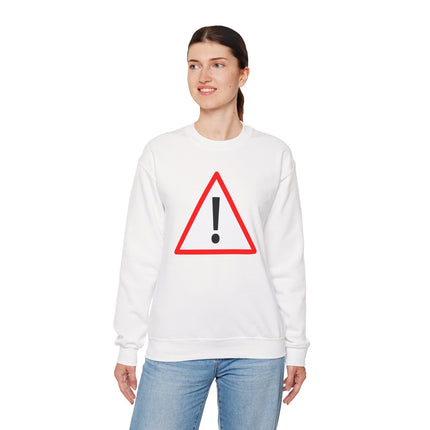 White pullover sweatshirt featuring a red caution triangle and exclamation mark graphic.