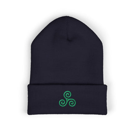 Triskelion Cuffed Beanie | Embroidered Green Triple Spiral Motif