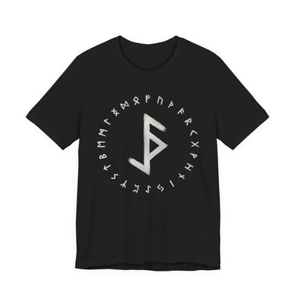 Black t-shirt featuring Norse runes and a central protection stave symbol design.