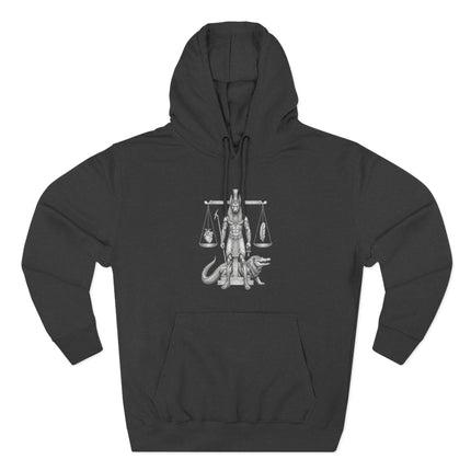 Anubis Egyptian god scale of justice graphic on a black pullover hoodie.