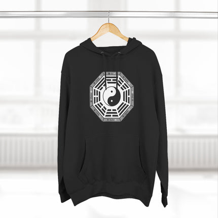 Minimalist black hoodie featuring the Yin Yang and Bagua symbols for spiritual balance and philosophy.