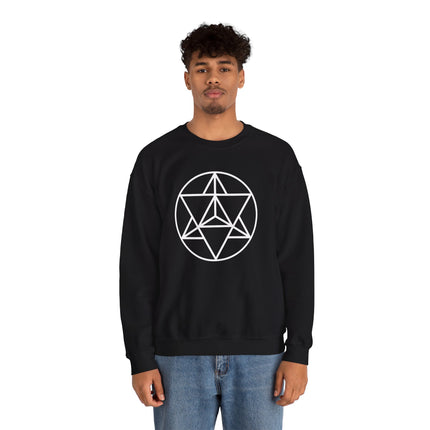 Black sweatshirt featuring a white sacred geometry Merkaba symbol graphic.