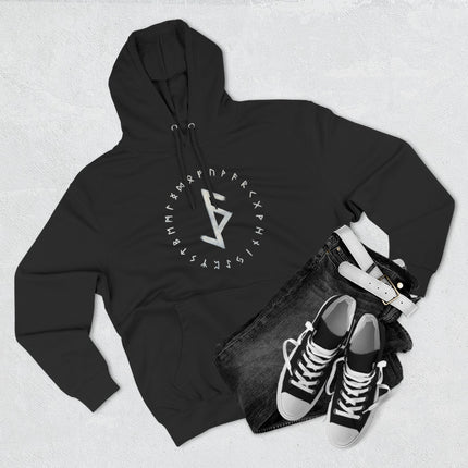 Black graphic hoodie featuring Norse runes and the Bind Rune symbol for protection and magic.