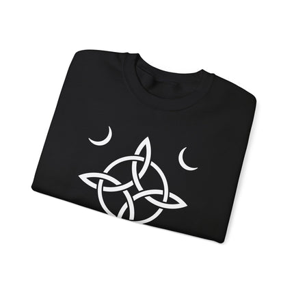 Moon Goddess and Witch's Knot graphic on a unisex pagan witchcraft pullover sweatshirt.