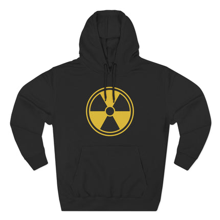 Black hoodie featuring a yellow radioactive hazard symbol print.