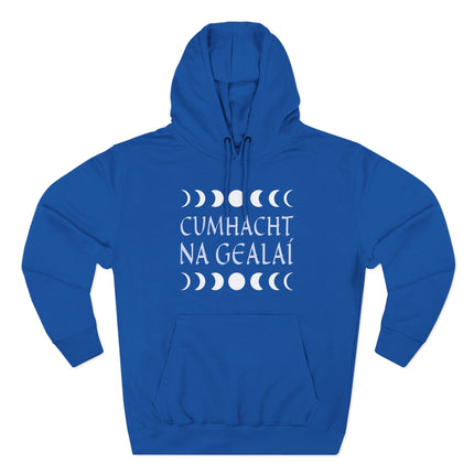 Celestial hoodie featuring Irish Gaelic moon phases and "Cumhacht na Gealáí" text.