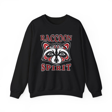 Tribal raccoon spirit art on a black sweatshirt, featuring Pacific Northwest formline style and indigenous design.