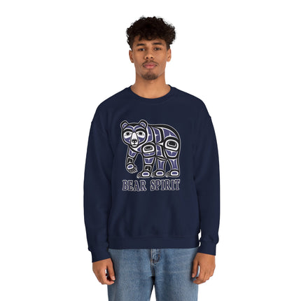 Tribal bear graphic sweatshirt featuring Native American formline art and "Bear Spirit" text.