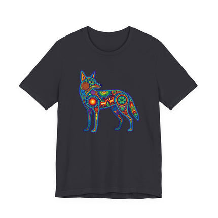 Vibrant Huichol coyote graphic tee featuring Mexican folk art and tribal geometric design.