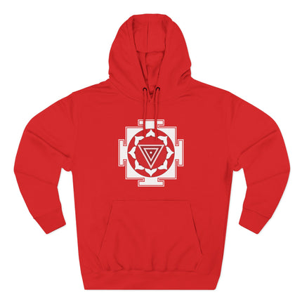 Red hoodie featuring a white Kali Yantra sacred geometry symbol design.
