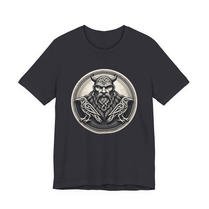 Odin Norse mythology graphic tee featuring raven and Viking style artwork.