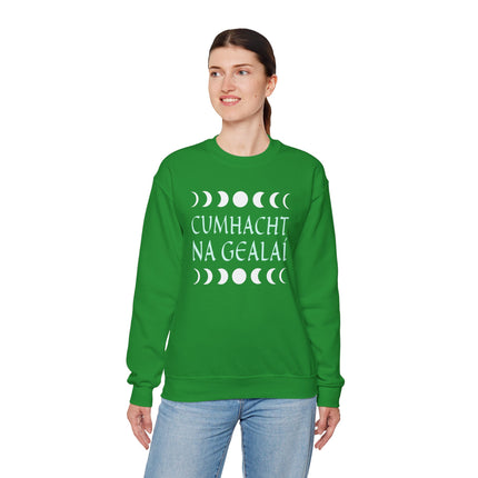 Irish Cumhacht Na Gealaí moon phase graphic on a green unisex sweatshirt.
