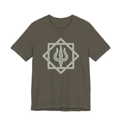 Shiva Trishula trident symbol in a geometric design on a brown graphic t-shirt.