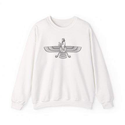Faravahar symbol graphic: Line art of the winged Zoroastrian mystical figure.