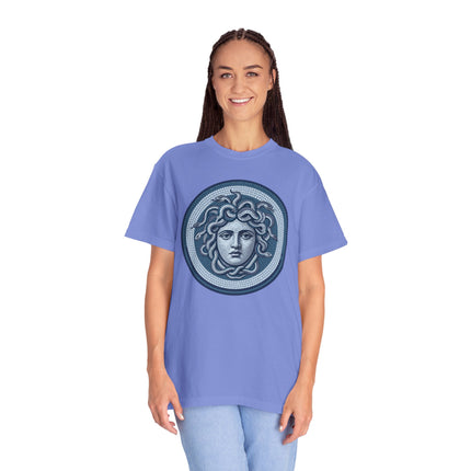 Blue Medusa Mosaic T-Shirt | Greek Mythology Gorgon Head Graphic Tee