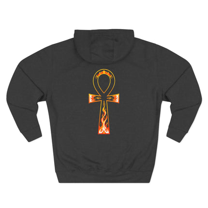 Glowing Ankh symbol of eternal life on a black hoodie.