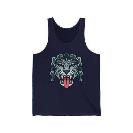 Stylized Mayan jaguar head graphic featuring Mesoamerican tribal art and culture.