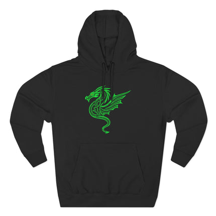 Celtic knotwork dragon graphic in green on a black pullover hoodie.