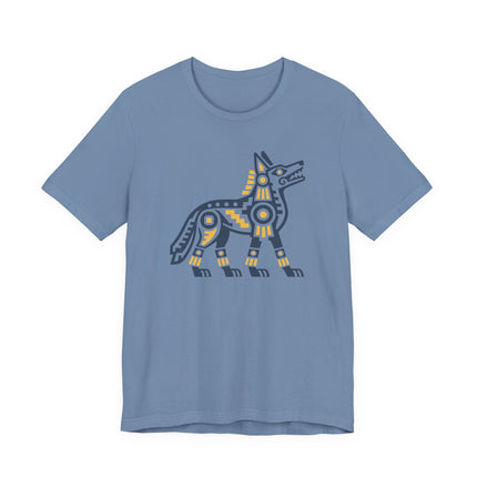 Aztec Coyote T-Shirt | Blue Geometric Mesoamerican Animal Art Tee