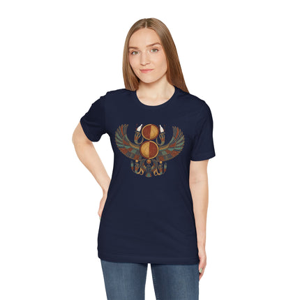Winged scarab and sun disk graphic inspired by ancient Egyptian mythology.