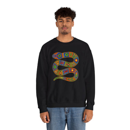 Huichol Snake Art Sweatshirt | Vibrant Indigenous Geometric Serpent Pullover Sweatshirt