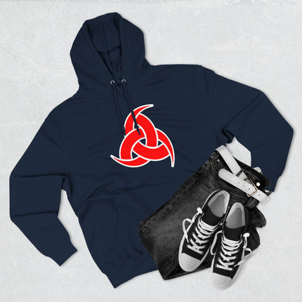 Red triple horn of Odin Norse symbol graphic on a dark blue pullover hoodie.