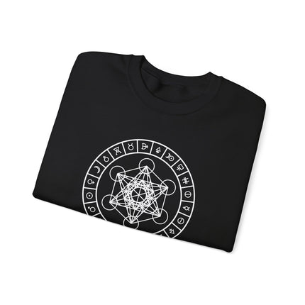 Metatron's Cube and alchemy symbols graphic print on a unisex pullover sweatshirt.