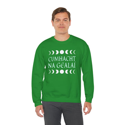 Irish Cumhacht Na Gealaí moon phase graphic sweatshirt featuring celestial symbols.