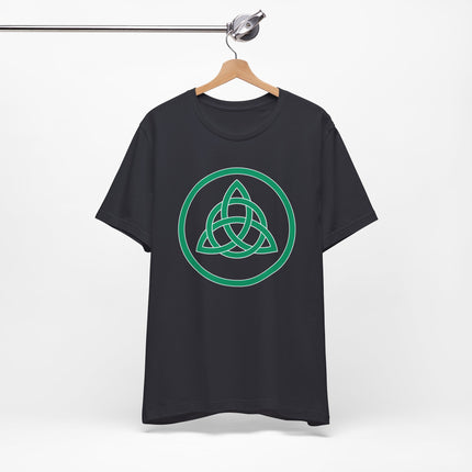 Green Triquetra Celtic knot symbol graphic tee on a black shirt.
