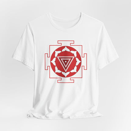 Kali Yantra sacred geometry symbol printed on a white unisex t-shirt.