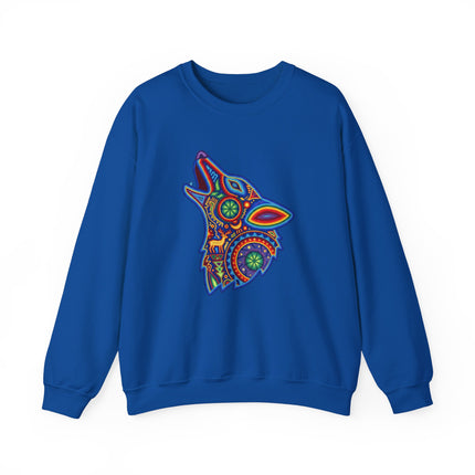 Vibrant Huichol-style wolf graphic on a blue sweatshirt, featuring colorful Mexican tribal folk art.