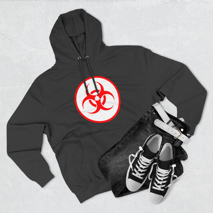 Black hoodie featuring a striking red biohazard warning symbol graphic.