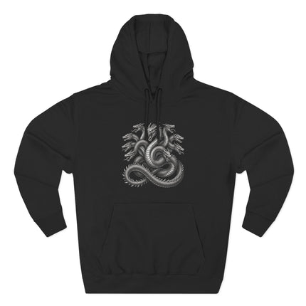 Multi-headed Hydra serpent graphic on a black hoodie, symbolizing Greek mythology and strength.