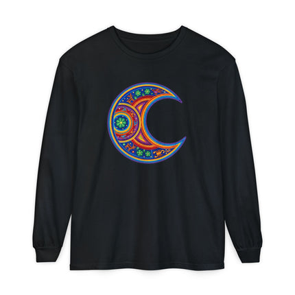 Huichol-Inspired Moon Long Sleeve T-Shirt | Colorful Crescent Art