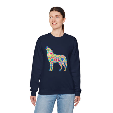 Colorful Huichol-style wolf graphic on a dark sweatshirt, featuring vibrant Mexican folk art design.