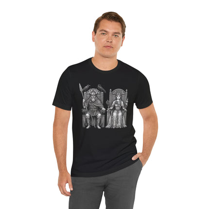 Odin and Frigg Norse Gods graphic tee, featuring detailed Viking mythology art.