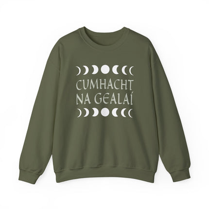 Irish Cumhacht Na Gealáí moon phase graphic pullover sweatshirt. Unisex Gaelic apparel.