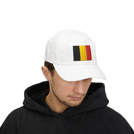 White baseball cap with embroidered Belgian flag stripes (black, yellow, red).