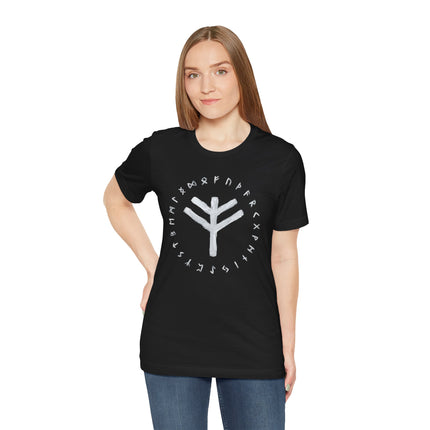 Black graphic tee featuring the Wealth Bind rune and the full Elder Futhark alphabet.