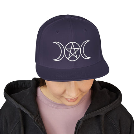 Embroidered triple moon and pentagram snapback cap for pagan goddess and occult style.