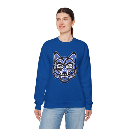 Pacific Northwest Indigenous wolf spirit art graphic in formline style on blue sweatshirt.