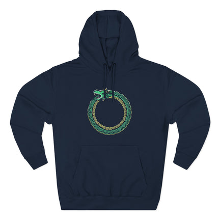 Norse Ouroboros dragon knotwork symbol on a dark hoodie.