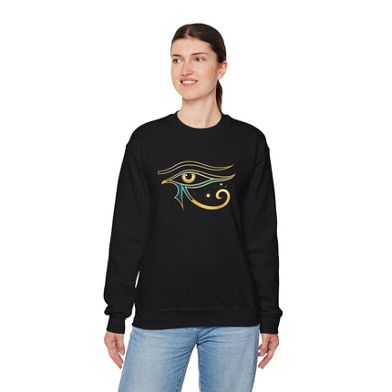 Eye of Horus symbol graphic in gold on a black sweatshirt.