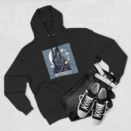 Tsukuyomi Moon God samurai graphic on black hoodie, featuring a katana and crescent moon motif.