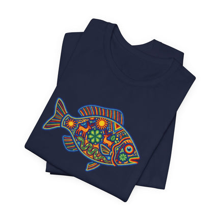 Vibrant Mexican folk art fish graphic, Huichol style, featuring colorful indigenous symbolism on a tee.